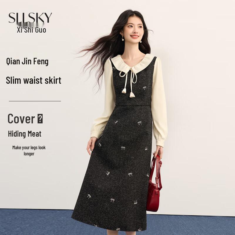 Women s Little Fragrance Embroidered Bow Waist-Cinching Dress S