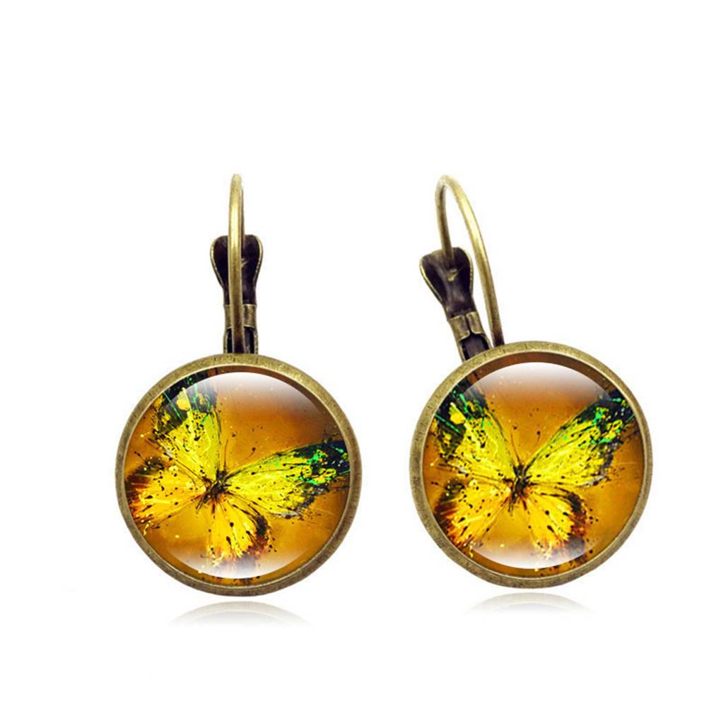 Антикварные круглые серьги-пусеты с бабочками, винтажные женские серьги-кольца с кристаллами и цветами