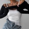 Summer Fashion Contrast T-shirt 2 Piece-Set Women's Off-Shoulder Long Sleeve Patchwork Cropped Top Female Commute Tee Top