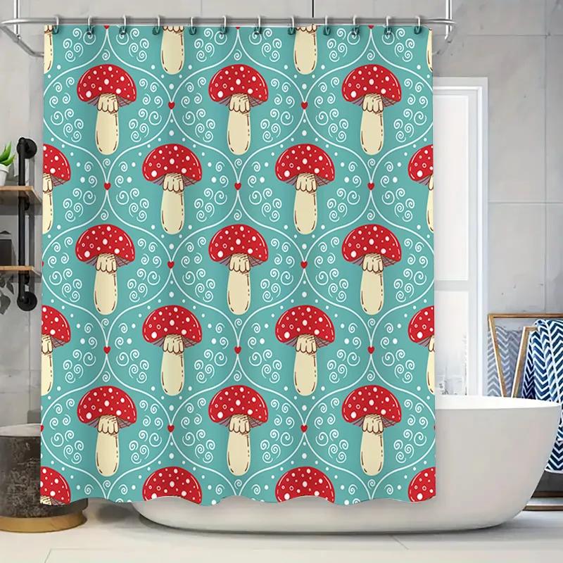 Red White Mushroom Pattern Bathroom Shower Curtain Turquoise Blue Fabric Decorative Waterproof Bath Mat Cover Home Decor