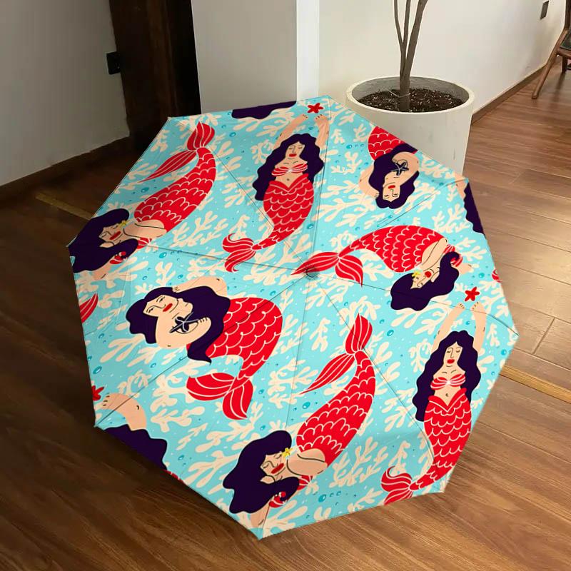 

Mermaid Pattern Auto Open Close Umbrella, Portable Tri-Fold Design with 8-Bone Iron Frame, Gift for Fans, Travelers, Daily Use, Ideal Presen