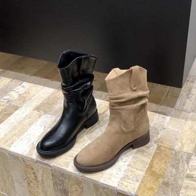 Western Cowboy Pile Short Boots Martin Boots Thick-soled Fashion Skinny Medium Boots Women's 2025 Autumn and Winter Single Boots Fashion