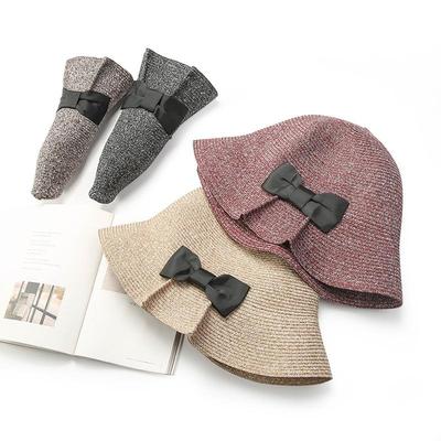 Women Summer Folding Wide Large Brim Shape Beach Sunscreen Cap Cute Big Bow Solid Straw Outdoor Hats Sun Hat