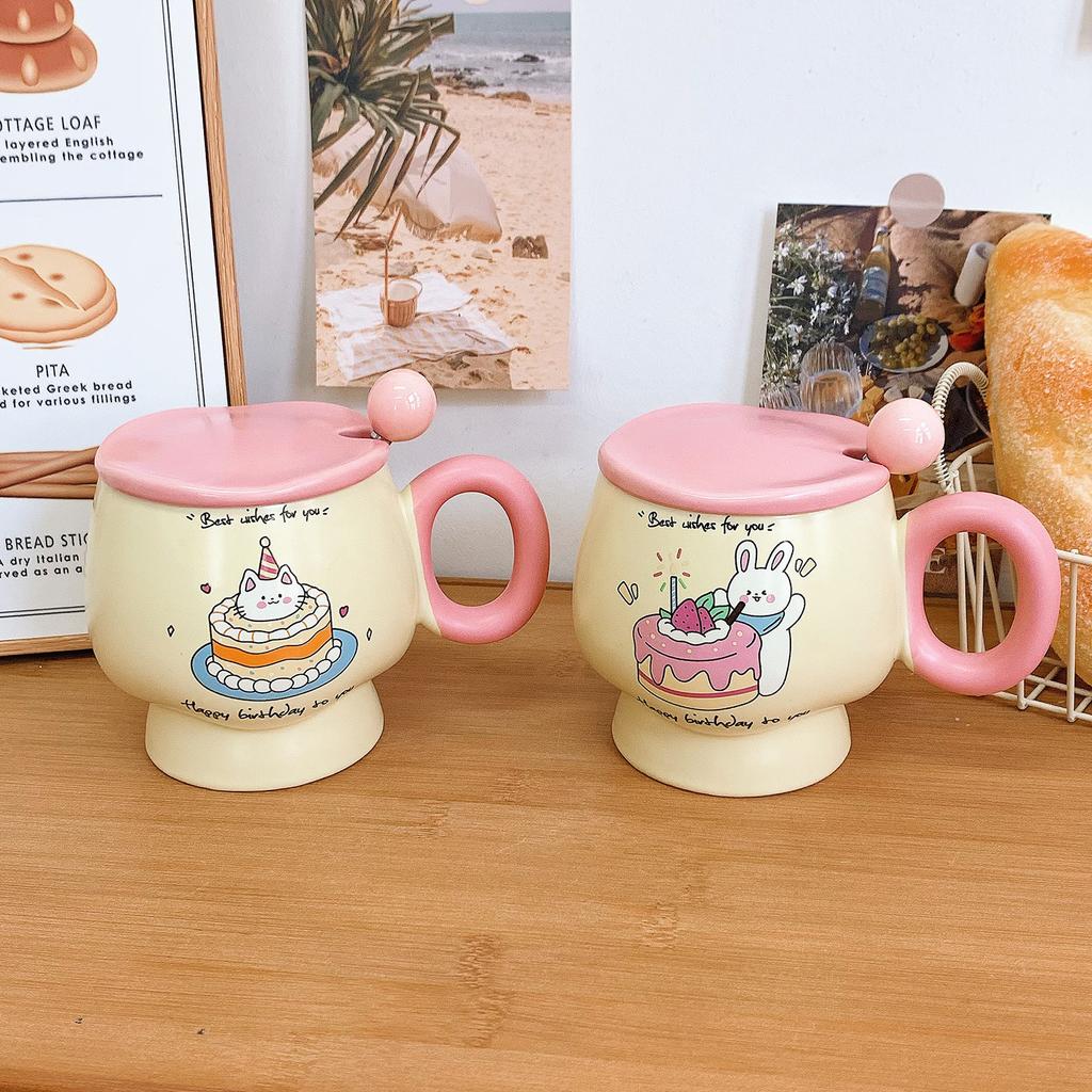 Mug with Lid Spoon Cute Ins Style Cup High Looking Ceramic Water Cup for Girls Birthday Gift Souvenir