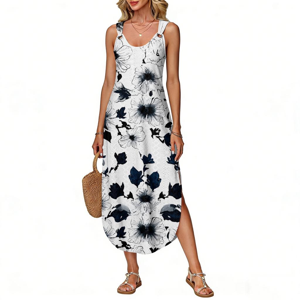 Women's Summer Long Dress, Sleeveless With Side Slits, Long Floral Printed Camisole Dress