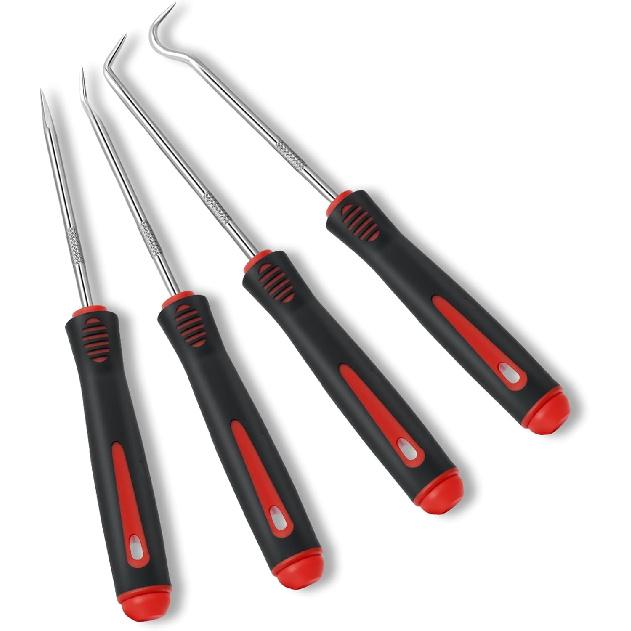 4-Piece Pick Set Mechanic, Automotive Hook and Pick Set with Soft Grip & Non-Slip Shaft, Precision Pick Tool & O Ring Pick for Oil Seal, Gasket,