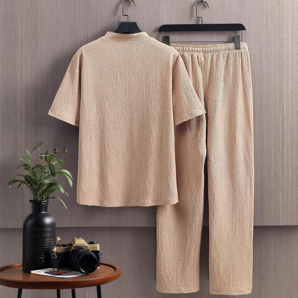 Summer Fashionable Trendy Men's Cotton Linen 2-Piece Set Casual Sports Suit Shawl Collar White Short Sleeve T-Shirt