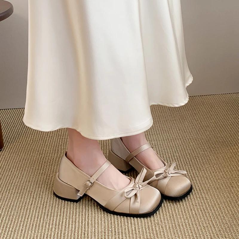 Women's  Summer Square Toe Med Heel Classics Buckle Strap High Heels Fashion Butterfly-knot with Dress Pumps Women