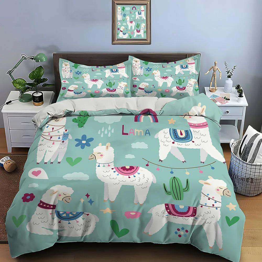 Cute Cartoon Llama Alpaca Print Bedding Set 1 Duvet Cover 1/2 Pillowcases Adult and Children Bedding Set Luxury Gifts