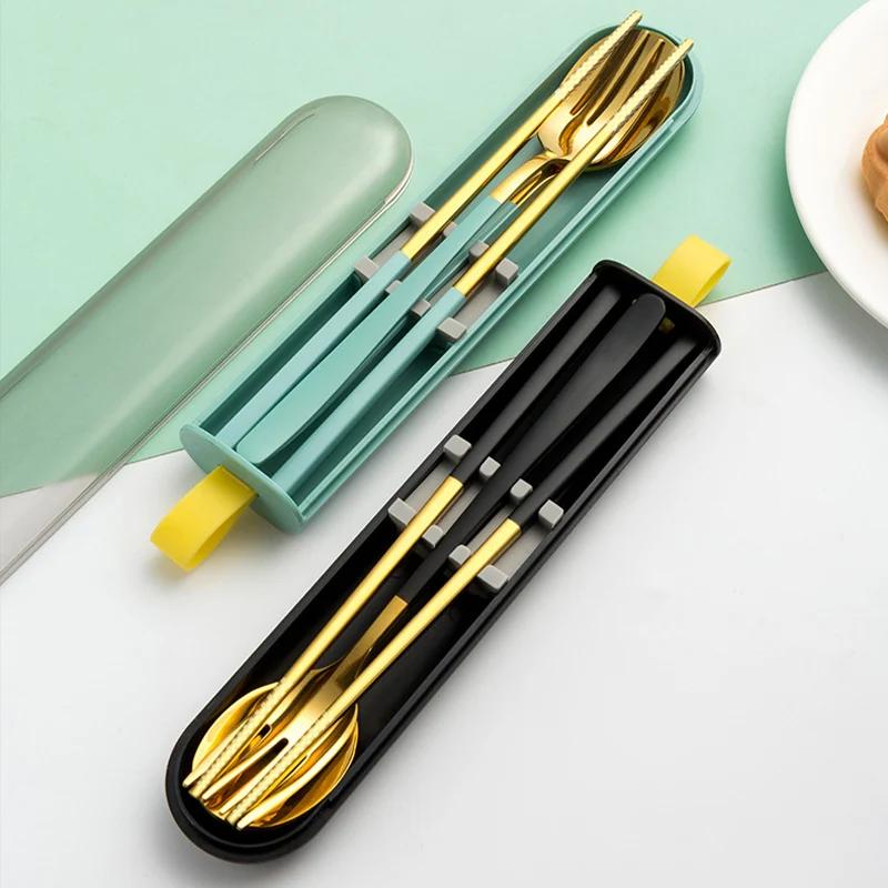 3Pcs Dinnerware Set Spoon Fork Chopsticks Cutlery with Box Portable 304 Stainless Steel Tableware for Travel Camping