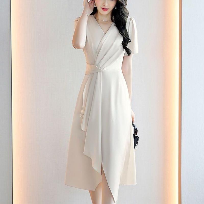 Vestido de Verano con Cuello en V Elegante Moda Pliegues Cintura Dama Manga Corta Temperamento Vestido de Fiesta Noche Mujeres Color Sólido Abertura Vestidos