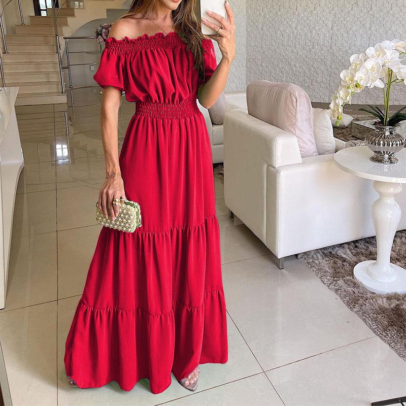 Off Shoulder Maxi Dress Short Sleeve Smocked Elastic High Waist Tiered Ruffle Flowy A-Line Casual Beach Vacation Daily Wear Solid Color Long Dress