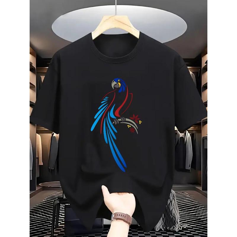 

European sizes Summer Men S Fashion Parrot Print Short Sleeve T-Shirt, Casual Crew Neck Polyester Tee with Slight Stretch Knit Fabric, Regular Fit 4XL чорний