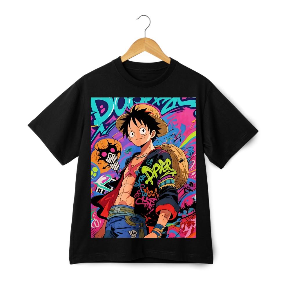 

One Piece T-Shirt Black|Monkey D.Luffy Graffiti Print for Anime Fans Casual Wear S