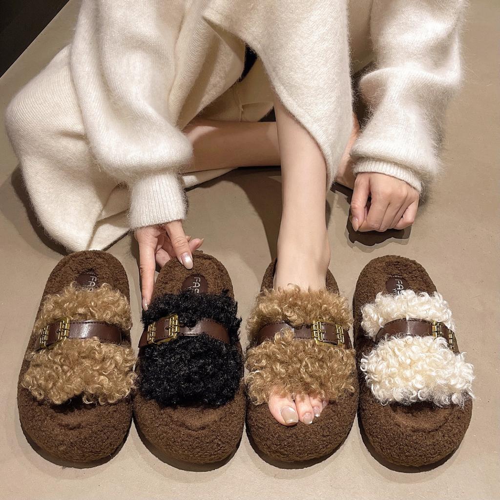 Thick-soled fluffy slippers outer wear 2025 autumn and winter new belt buckle home office plush cotton slippers women
