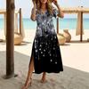 Women Fashion Round Neck Vintage Pattern Printed Short Sleeve Side Slit Dress Casual Vacation Dress Long Loose Dress