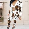 Women Plus Size White Printed Stand Collar Long Sleeve Zip Front Jacket And Long Pants Set