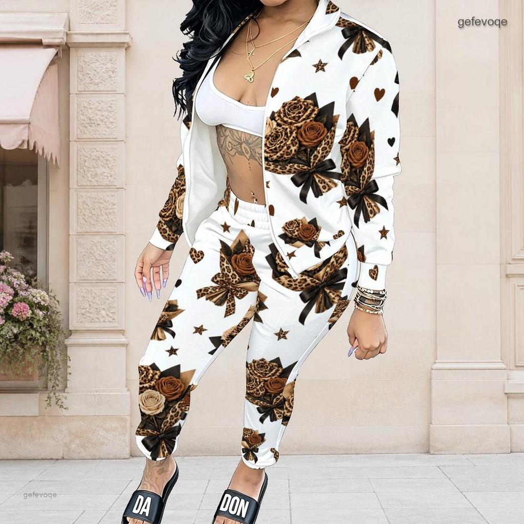 Women Plus Size White Printed Stand Collar Long Sleeve Zip Front Jacket And Long Pants Set