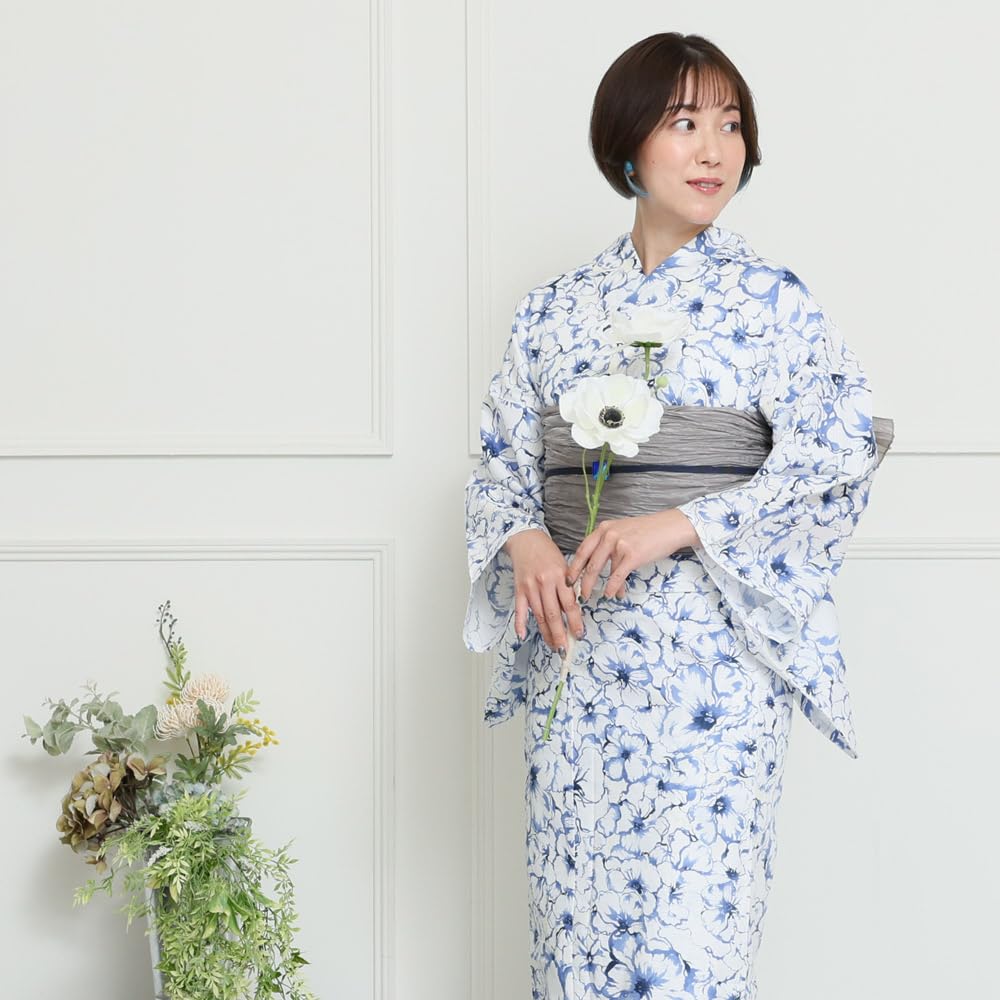 [Kyoto Kimono Yuzen] Women's Yukata Set with Heiko Obi (2-piece set) Floral Pattern Summer Kimono Cotton Koubai (Blue)