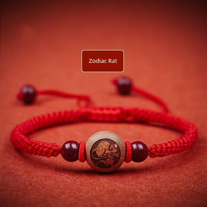 Peachwood Zodiac Red Rope Bracelet Men's Lucky Beads Woven Hand Strap Girls Kids Natural Cinnabar Bracelet Snake
