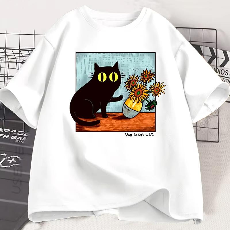 Van Gogh Cat Graphic T Shirts Men Women Flower Black Cat T-shirt Round Neck Cotton Short Sleeve Trendy Tee Shirt Tees