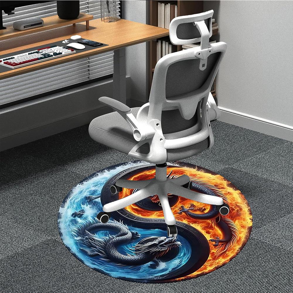 1pc Yin Yang Dragons Chair Carpet for Office, Round Non Slip Durable Large Size Office Carpet, Suitable for Office