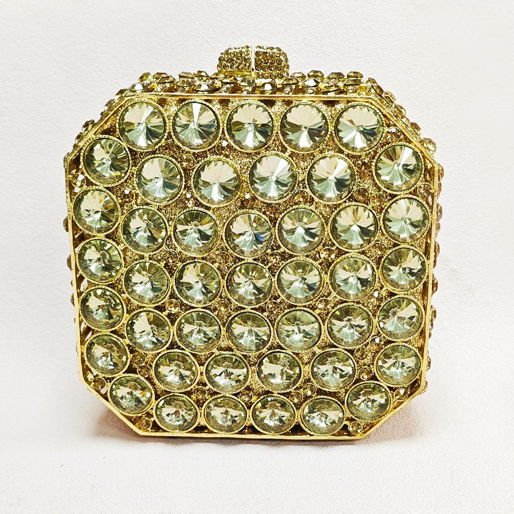 Green Rhinestone Evening Bag Pink/White Clear Gold Square Hard Metal Wedding Bridal Party Crystal Hanbag Minaudiere Purse