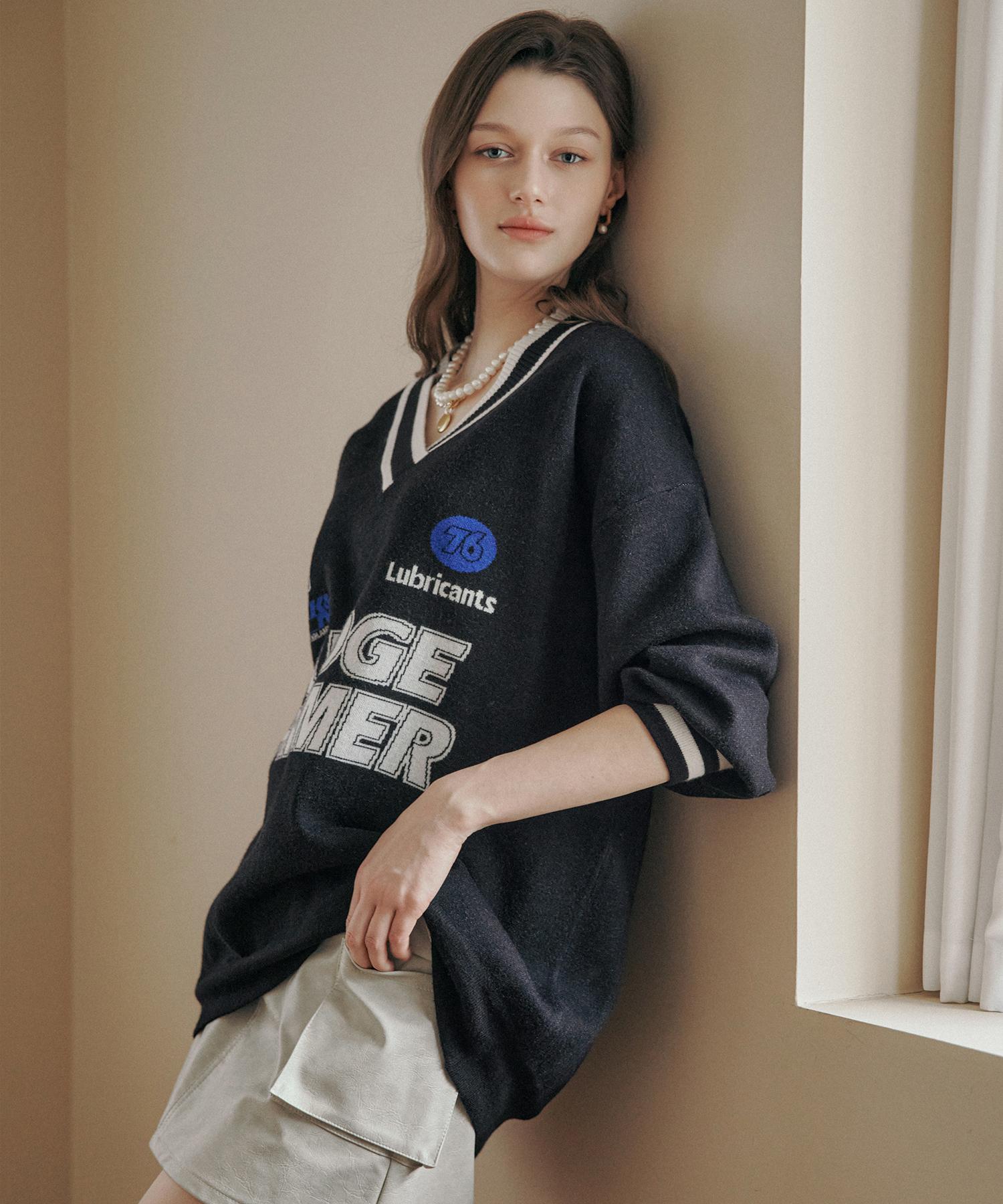 Maja Sporty Lettering V-Neck Oversized Knit Black/Free