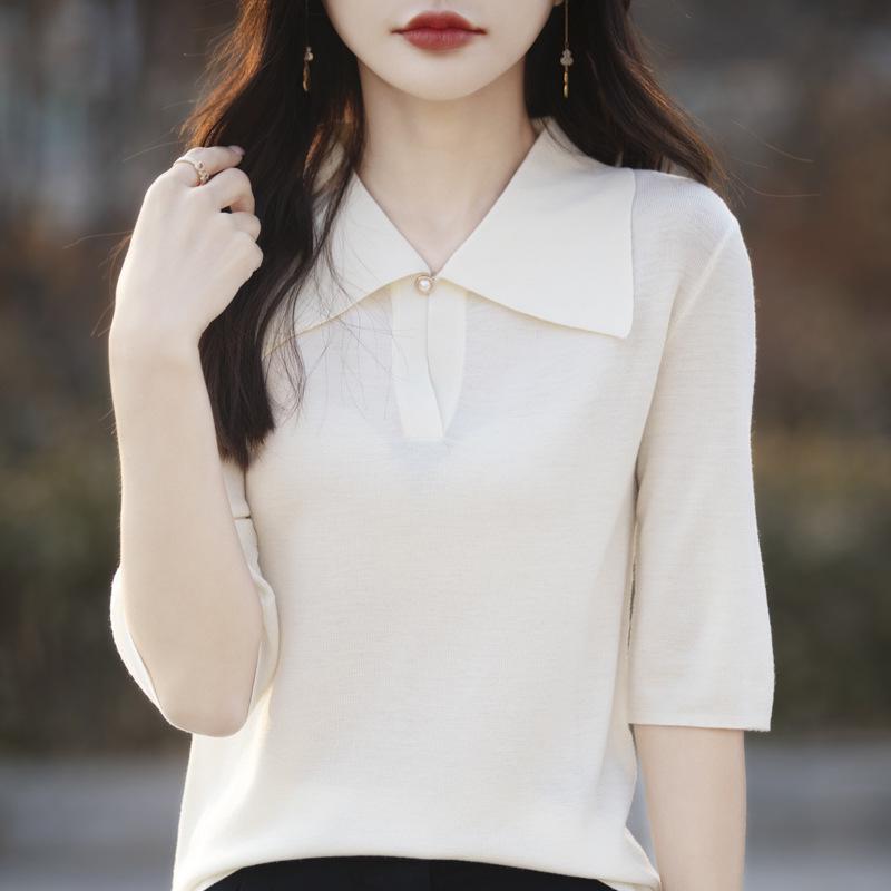 

Женский свитер из мериносовой шерсти 80-х с рукавом до середины предплечья – Тонкий, Свободный, Топ с отложным воротником Large