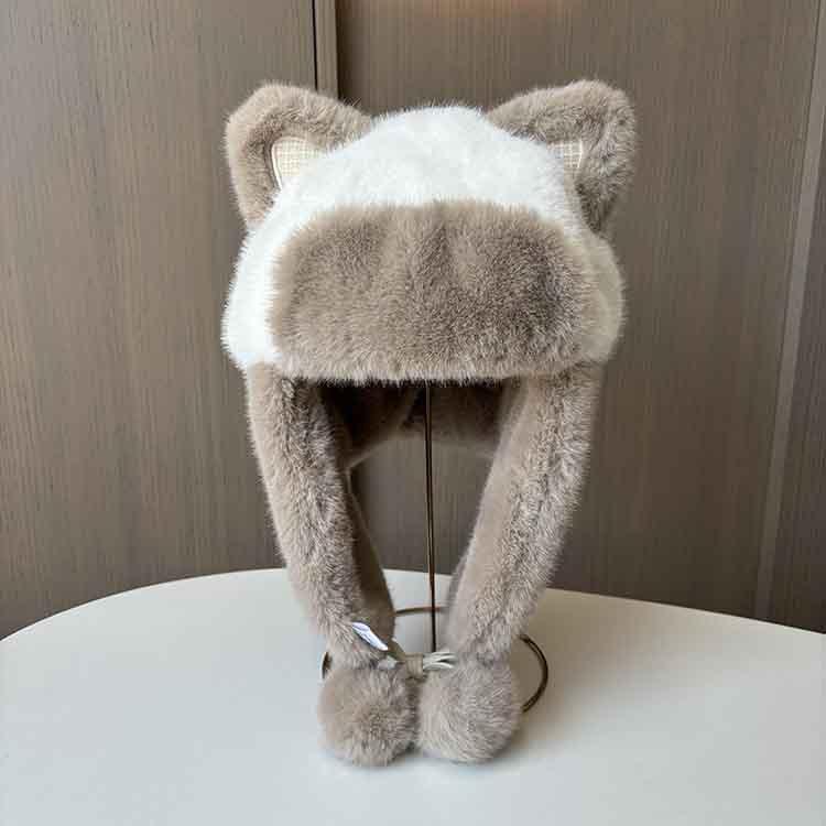 New cat ears plush Lei Feng hat women's cycling windproof warm ear protection hat plush thickened hanging ball small hat