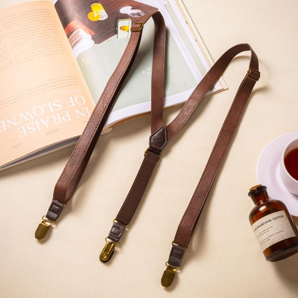 Retro Design British Style Suspenders Elastic Strap Brown Color Y-Type Suspenders 4 Clips Unisex Style Leather Suspenders