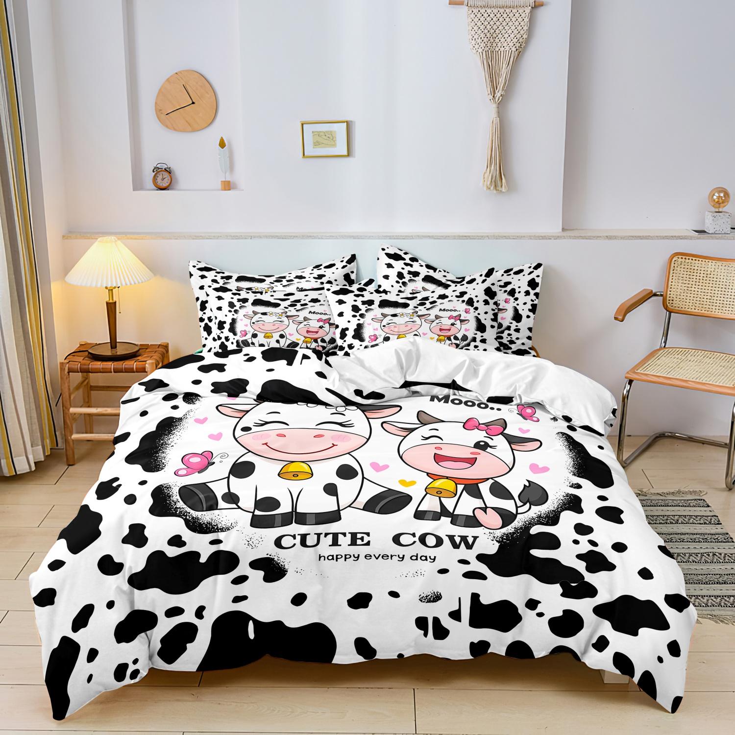 

3pcs Love Heart Cow & Letter Butterfly Print Animal Theme Bedding DuBreathable Polyester, Machine Washable, All-Season -135x200cm&set