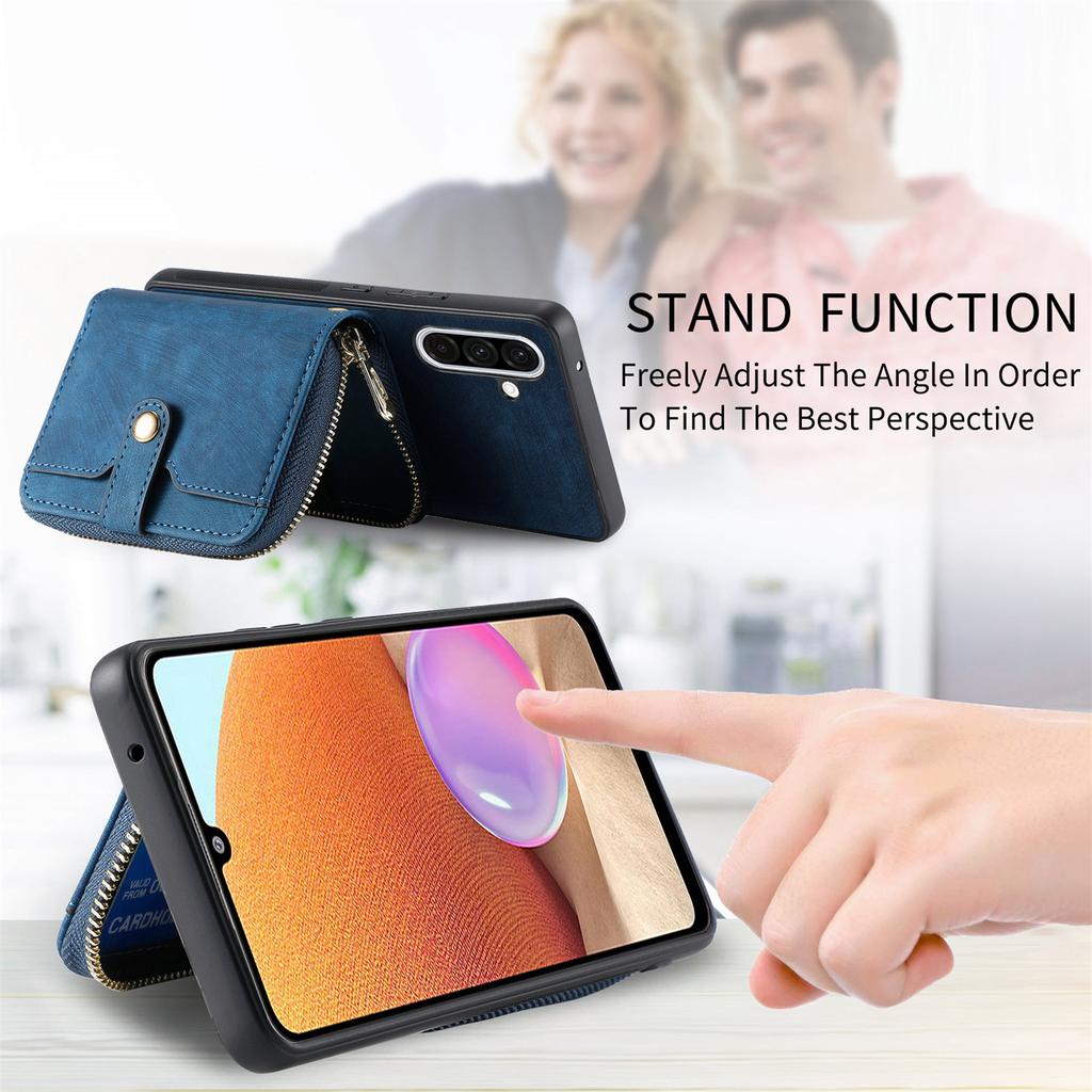 For Samsung Galaxy A56 5G PU Leather Phone Back Cover with Zipper Card Holder and Long Strap