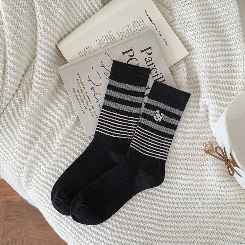 Autumn and Winter Striped Embroidered Puppy Cartoon Mid-calf Socks for Girls