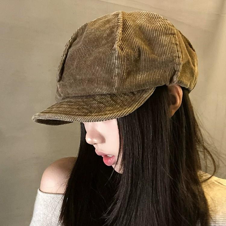 Retro corduroy pleated octagonal hat women's trend versatile big head circumference shows the face small literary style beret