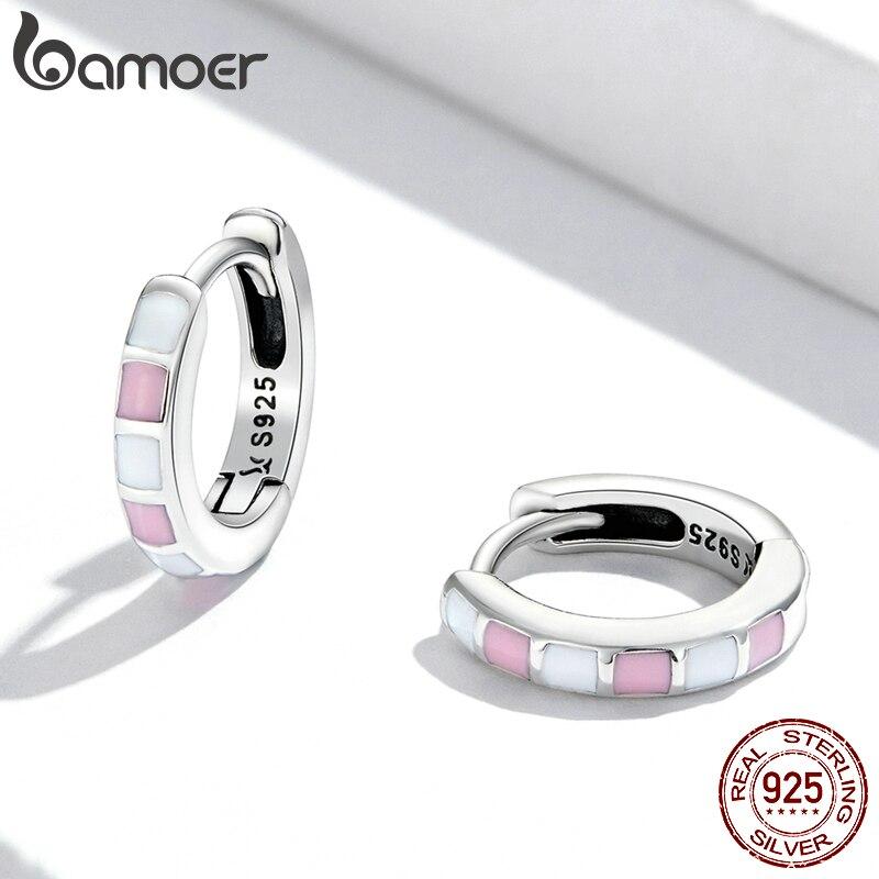 BAMOER 925 Sterling Silver Catarame pentru urechi la modă pentru femei, de culoare roz deschis și alb, cercei cu cerc, cadou de bijuterii fine