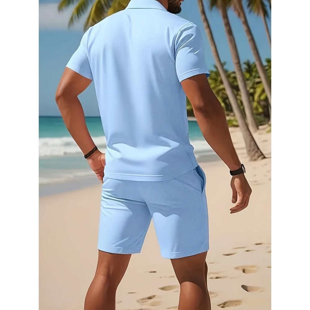 Herren Lässig 2-teiliges Polo- und Shorts-Set mit bequemem Button-Up-Kragen, Shorts mit Kordelzug, Strand-FreizeitkleidungKurz