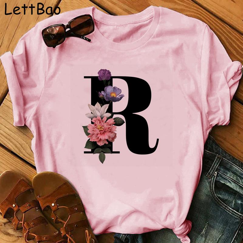 Elegant Vouge Flower Letter Print Women T Sihrt Fashion Comfortable Casaul T Shirt For Women Female