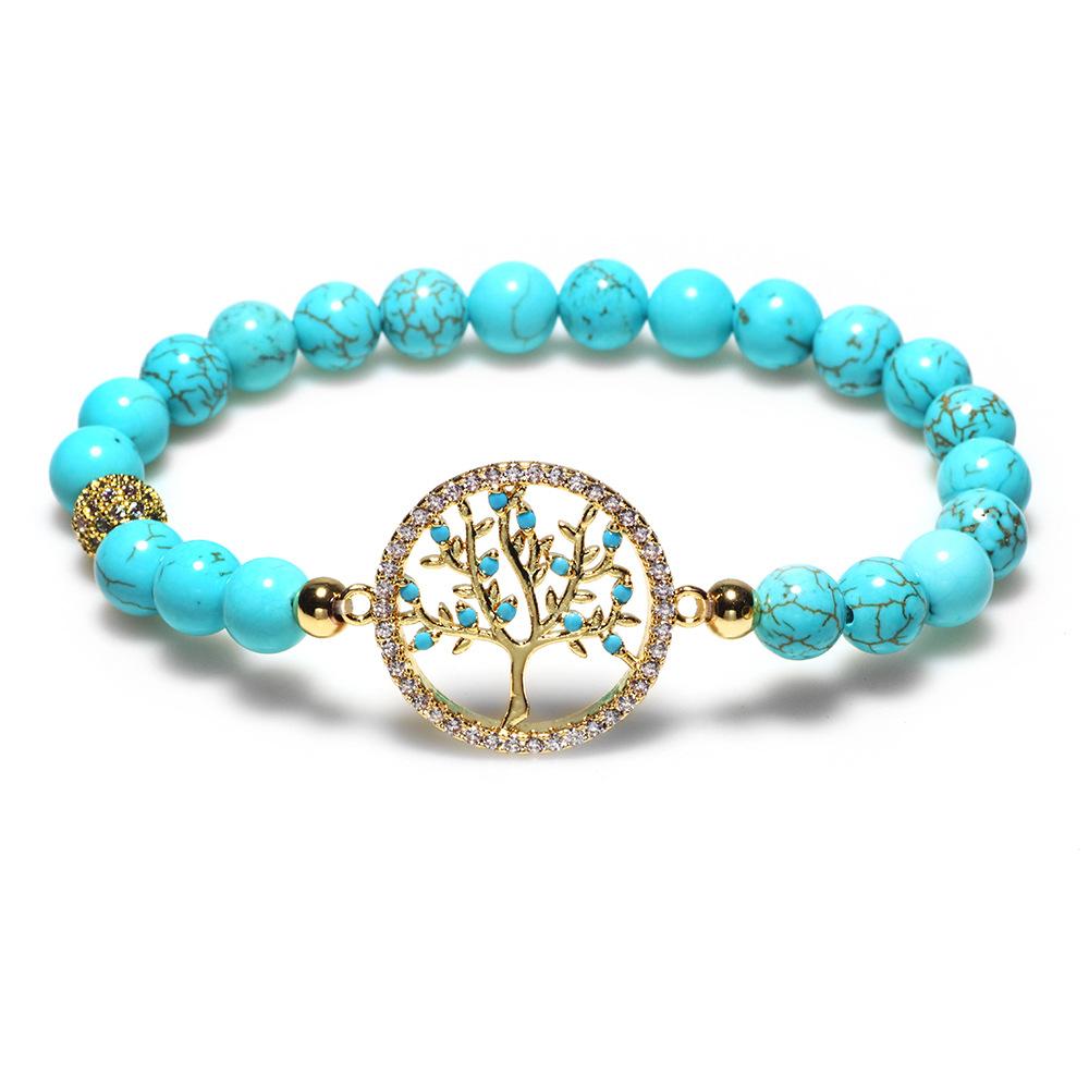 Turquoise Gemstone Bracelet Tree of Life Beaded Zircon Jewelry Men Women Natural Stone Wristband Stylish Accessory