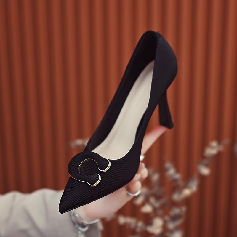 Women's Fashion Thin Heel Shoes Autumn New Pointed Head Shallow Mouth Metal Buckle A Slip-on Wear-resistant High Heels