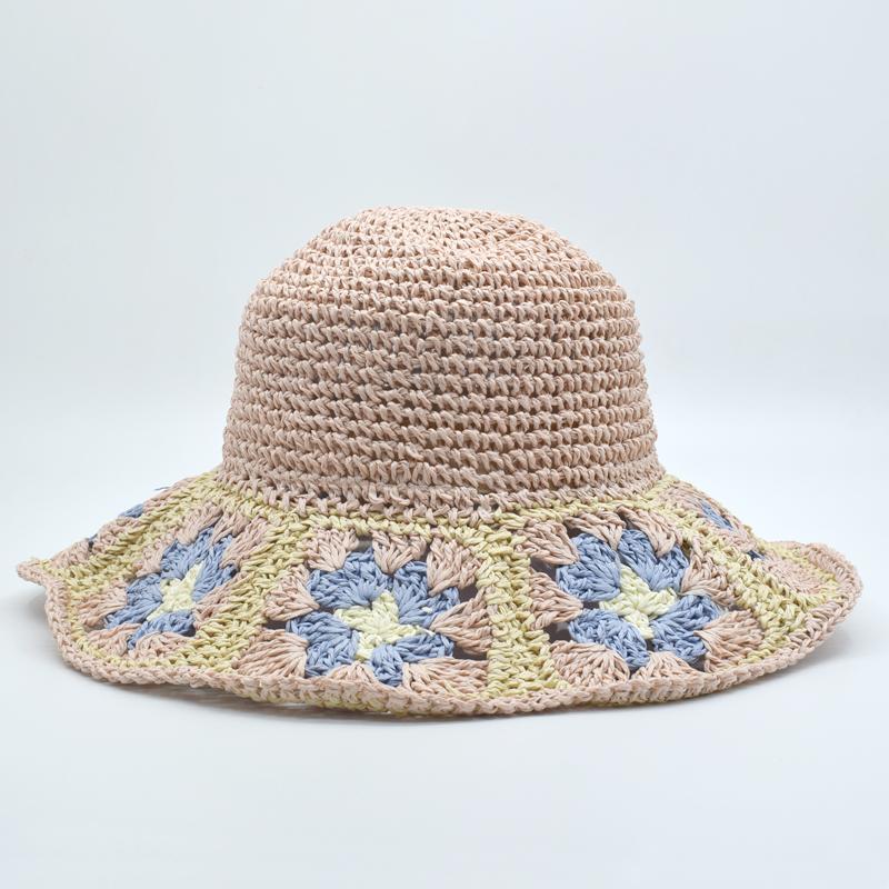 Japan Korea Häkel-Sonnenhut Damen Sommer Blumen Rein Handgeflochten Stroh Strandhut Sonnenschutz Fischerkappen Atmungsaktiver Eimerhut 55-58cm beige