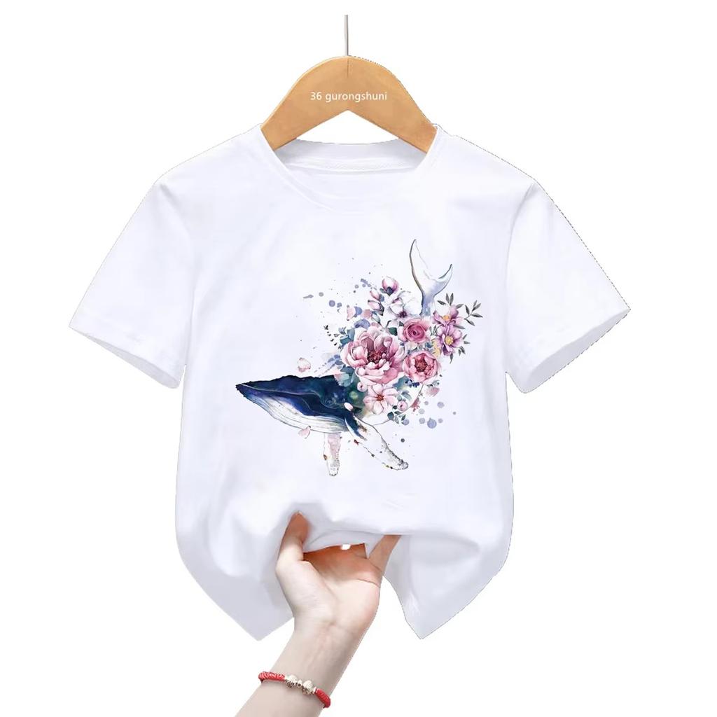 Watercolor Dolphin Tshirt Kawaii Whale Flowers Print Short Sleeve Unisex Unisex Casual Summer Harajuku Top