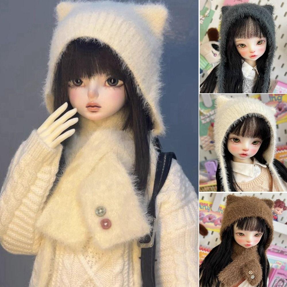 Módní chlupatá čepice s kočičími uši DIY ručně pletená vlněná čepice šála pro panenky 1/4 1/6 BJD 30/45cm
