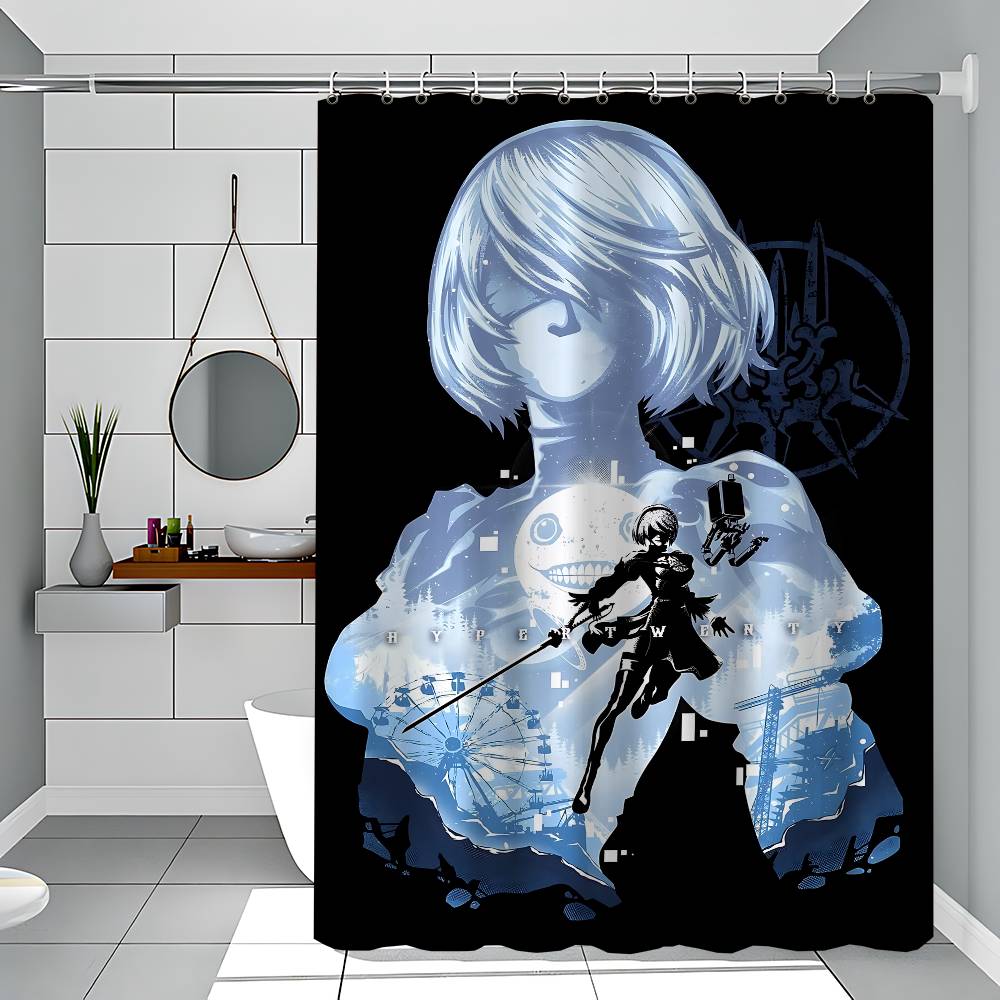 Nier Automata White Shower Curtain, Bathroom Decorative Shower Curtain, Waterproof Shower Curtain With Hooks