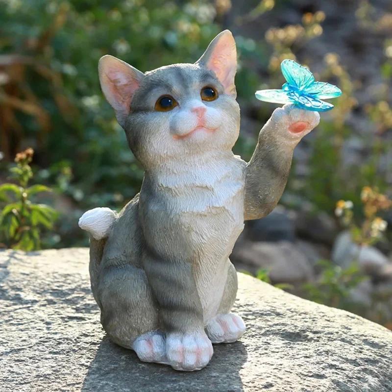 Solar Garden Lawn Animal Sculpture Luminous Resin Yard Cat Art Statue Ornaments Handicraft Home Decor for Room Office Study LS