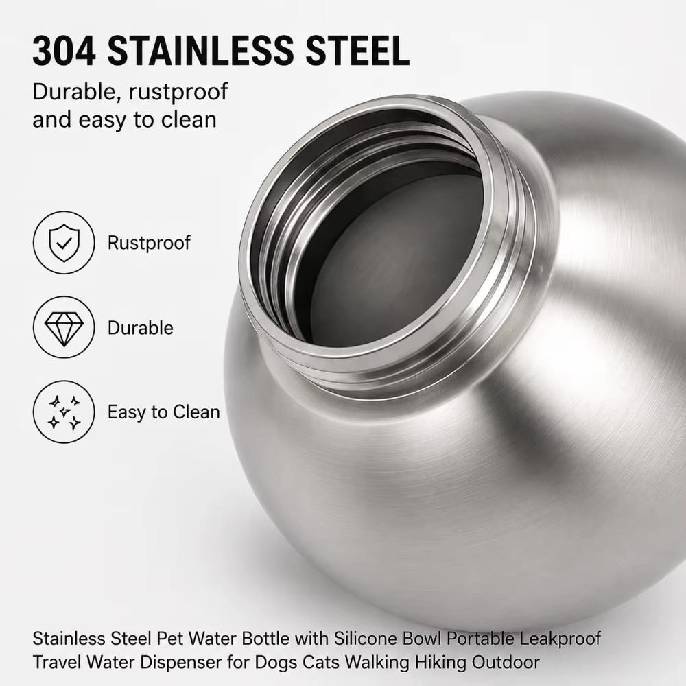 2-in-1 Dog Water Bottle Stainless Steel Pets Drinking Bottle with Foldable Bowls Leakproof Water Dispenser for Travel Walking