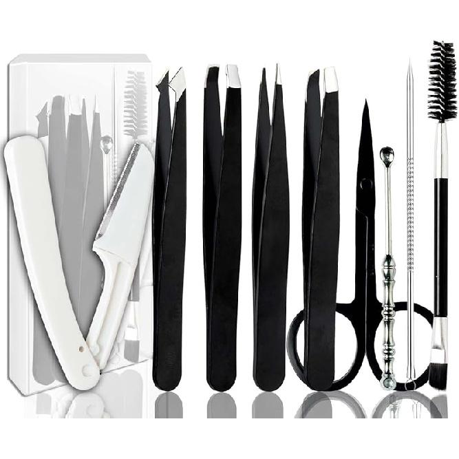 Tweezers Kit Tweezer for Women Facial Hair Removal Tweezers Professional Tweezers Set Eyebrow Tweezer, [9+1 PCS] Professional Stainless Steel Eyebrow