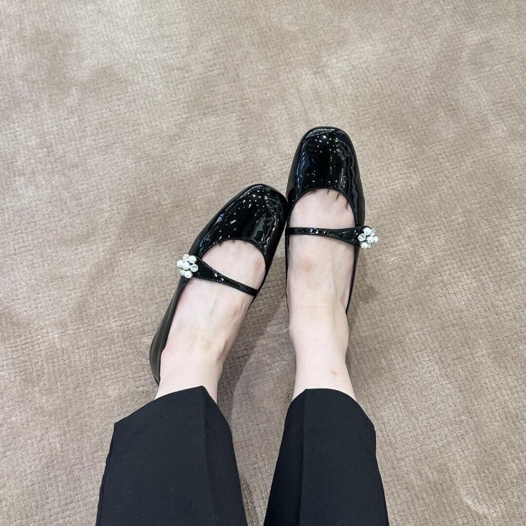 Cowhide version~ Pearl rhinestone buckle genuine leather Mary Jane single shoes women's soft-soled small leather shoes flats Mary Jane classic