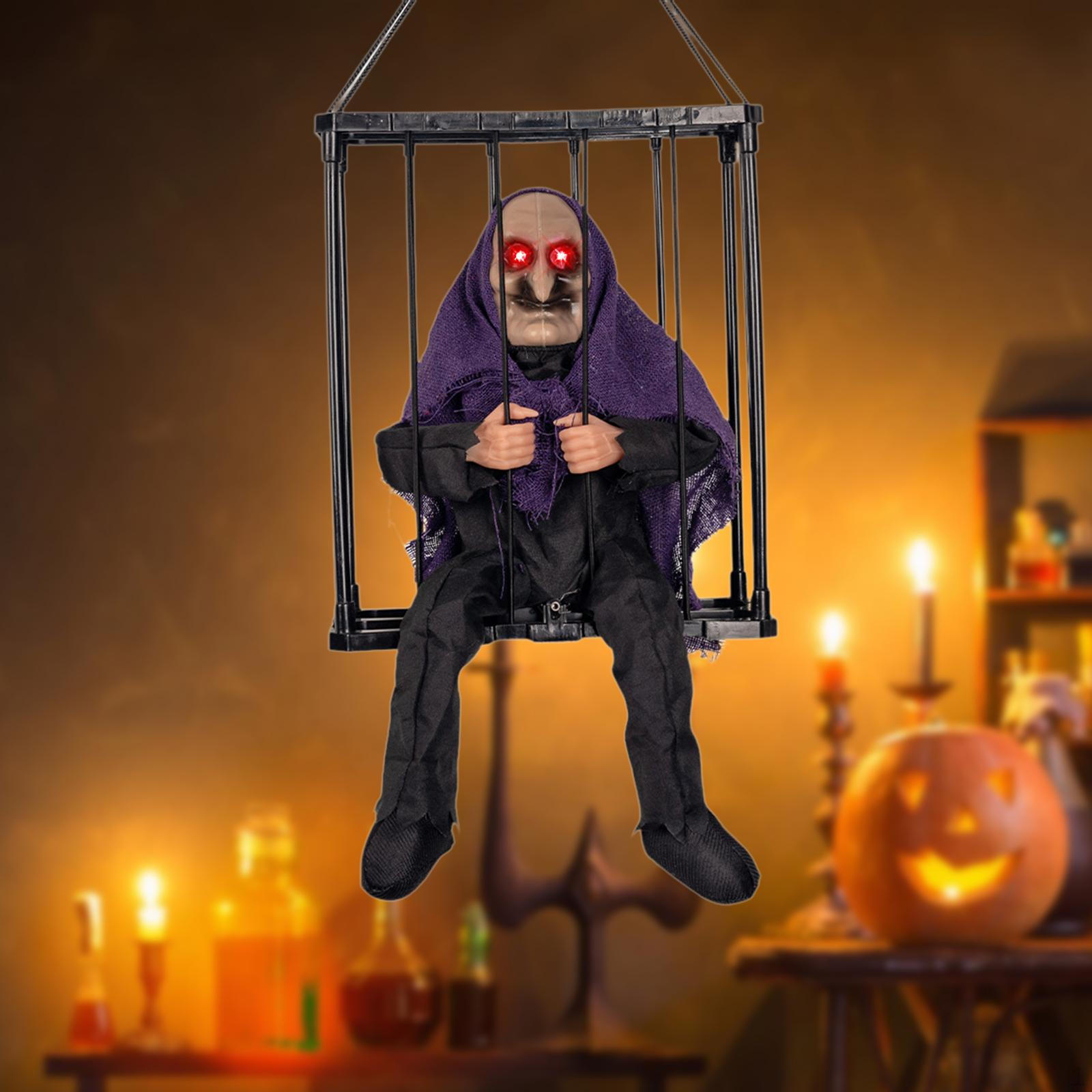 

Screaming Halloween Decoration Cage Prisoner Spooky Creative Light up Eyes with Motion Sensing for shawl witch