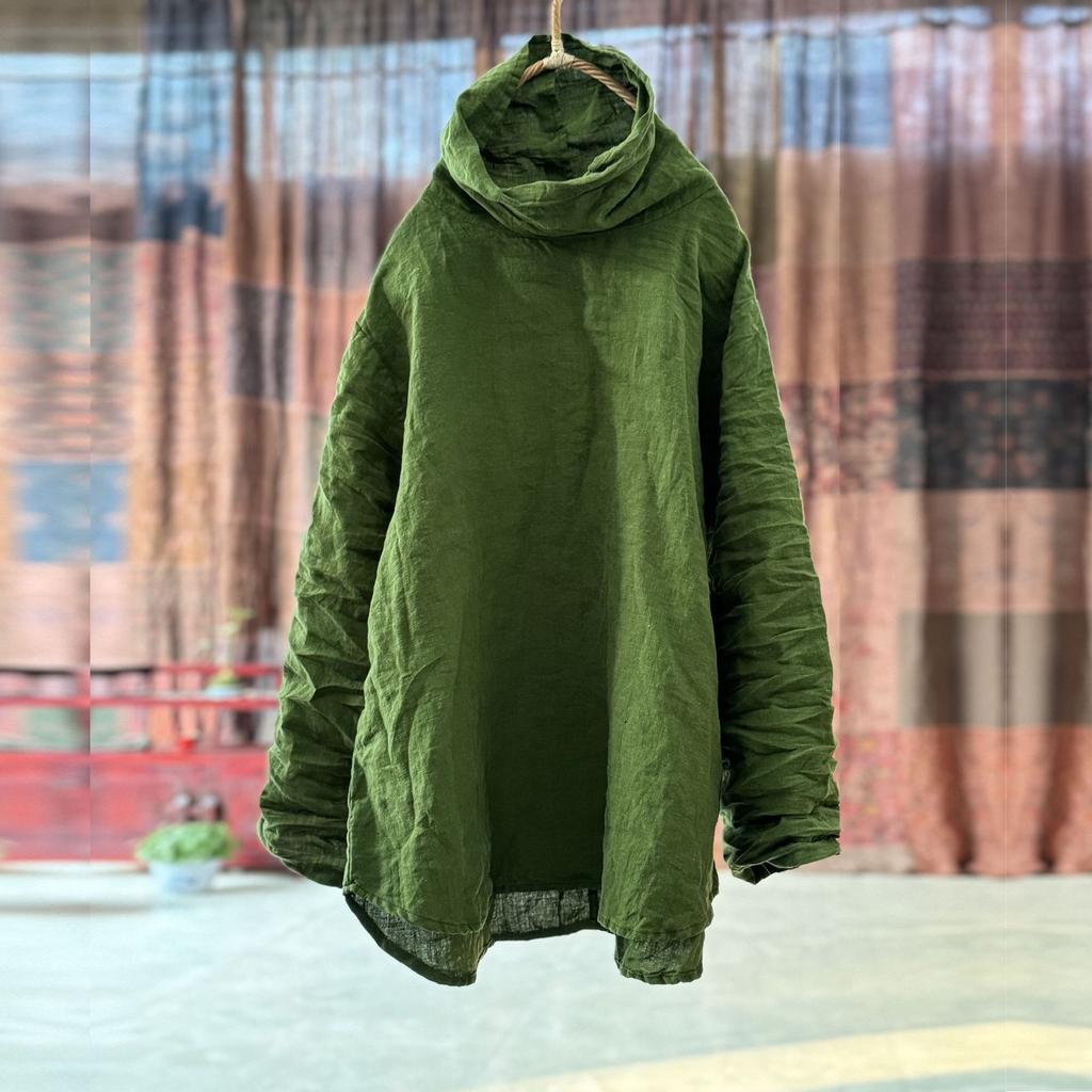 Johnature Tricouri de damă Culoare uni Gât înalt Mânecă lungă Primăvară Vintage Femei Tricouri largi